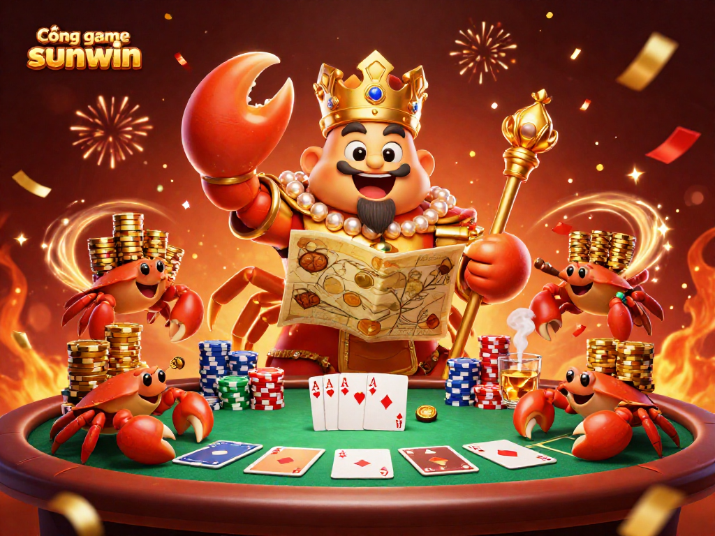 Mát xa Cổng game sunwin trên bàn poker bên cạnh cua vàng hoàng đế và những chú cua phục vụ.