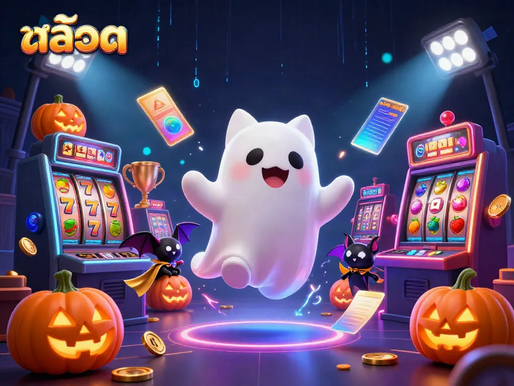 Engage with สล็อต content in a magical casino scene featuring a ghost cat and vampire bat.