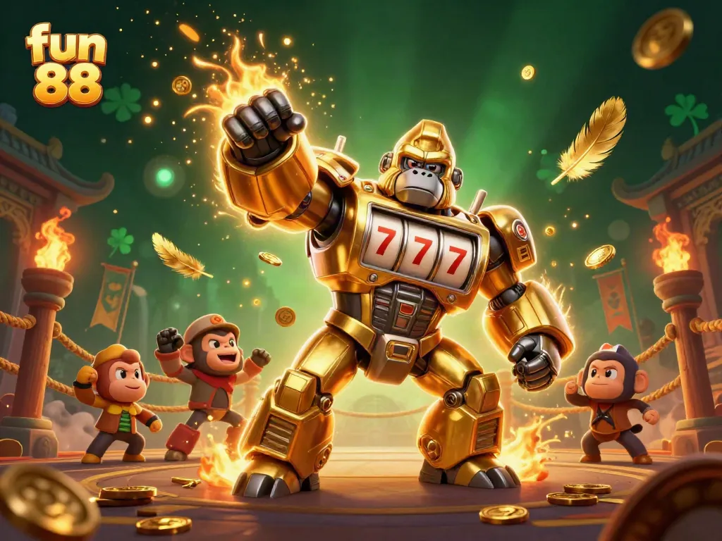 Experience fun 88 through an exciting gaming adventure featuring a golden mech and vibrant game elements.
