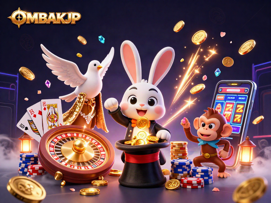 Spin to win with OMBAKJP as a magician rabbit conjures coins and poker chips in an exciting casino scene