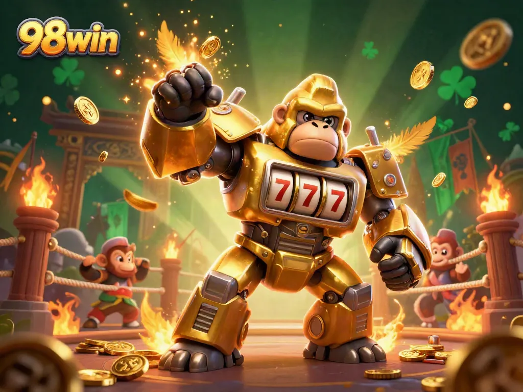 Experience big wins with 98win in this dynamic casino scene featuring a golden gorilla mech.