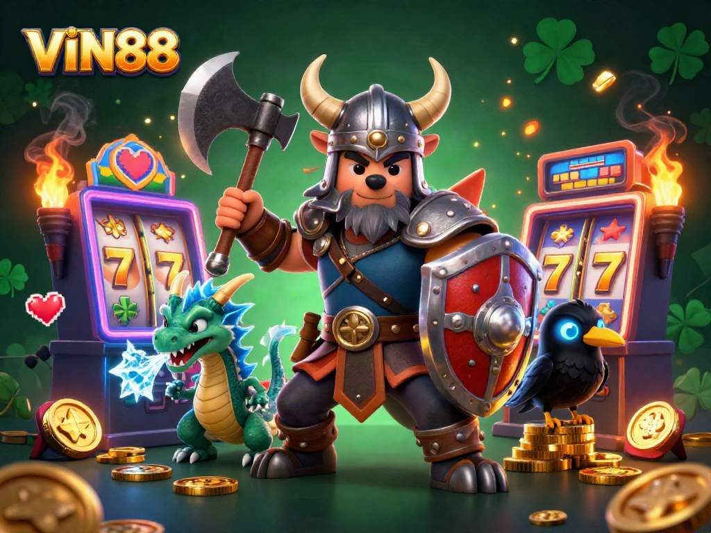 Spin to win at VIN88 with a Viking warrior, fierce dragon, and captivating slot machines.