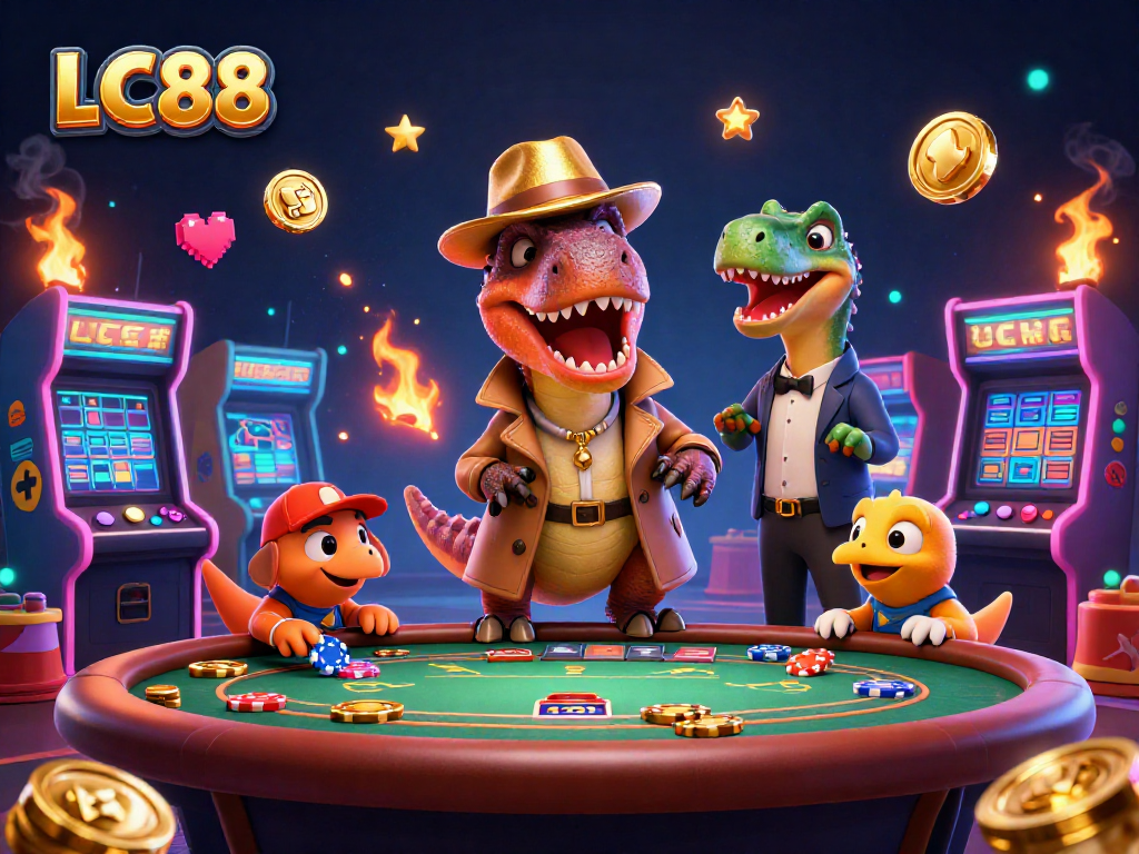 Experience thrilling action at LC88, featuring a velociraptor card counter and colorful gaming elements.