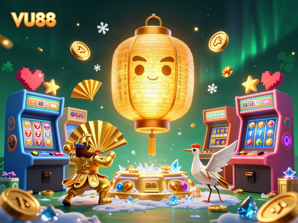 Play exciting VU88 games with vibrant characters amidst a glowing casino atmosphere.