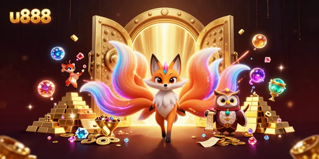 u888’s vibrant 3D illustration showcasing colorful slot symbols and joyous characters in a casino