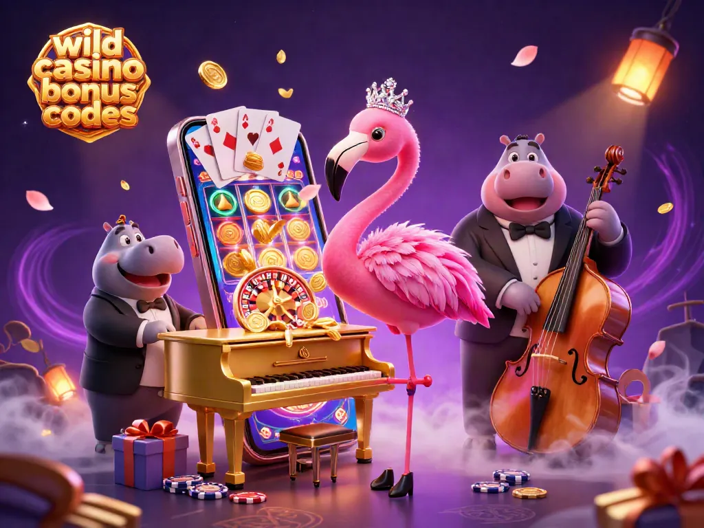 Unlock wild casino bonus codes with a vibrant 3D depiction of gaming excitement.
