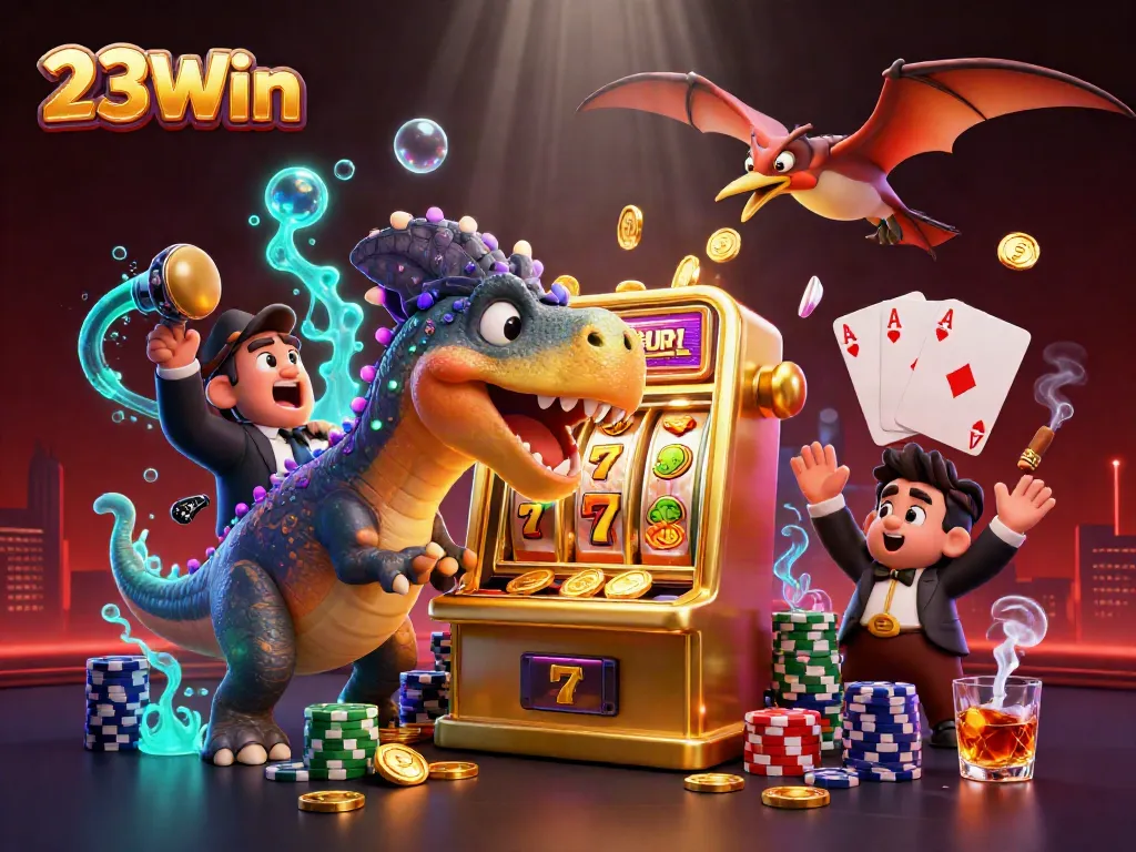 Experience the excitement of 23Win casino with a cartoon dinosaur winning jackpots and coins!