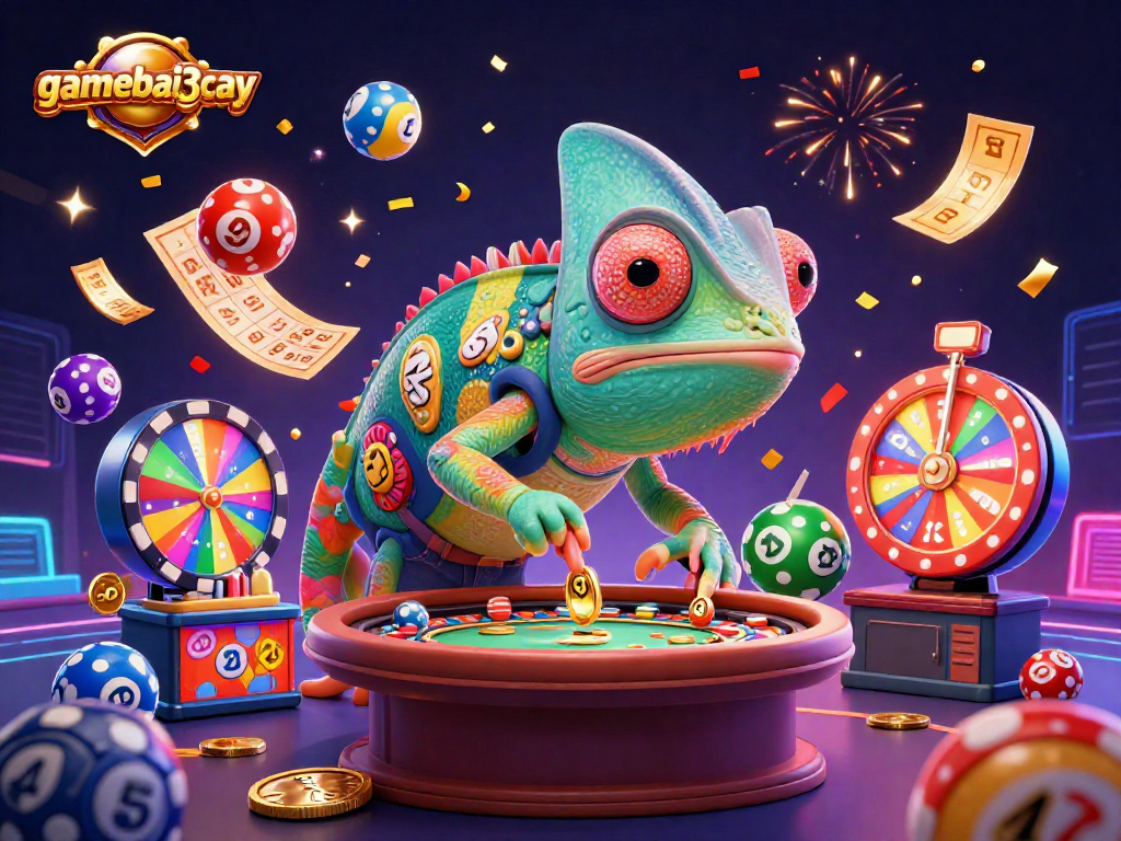 Engage in thrilling gaming at gamebai3cay with vibrant casino elements like lottery balls and golden tickets.