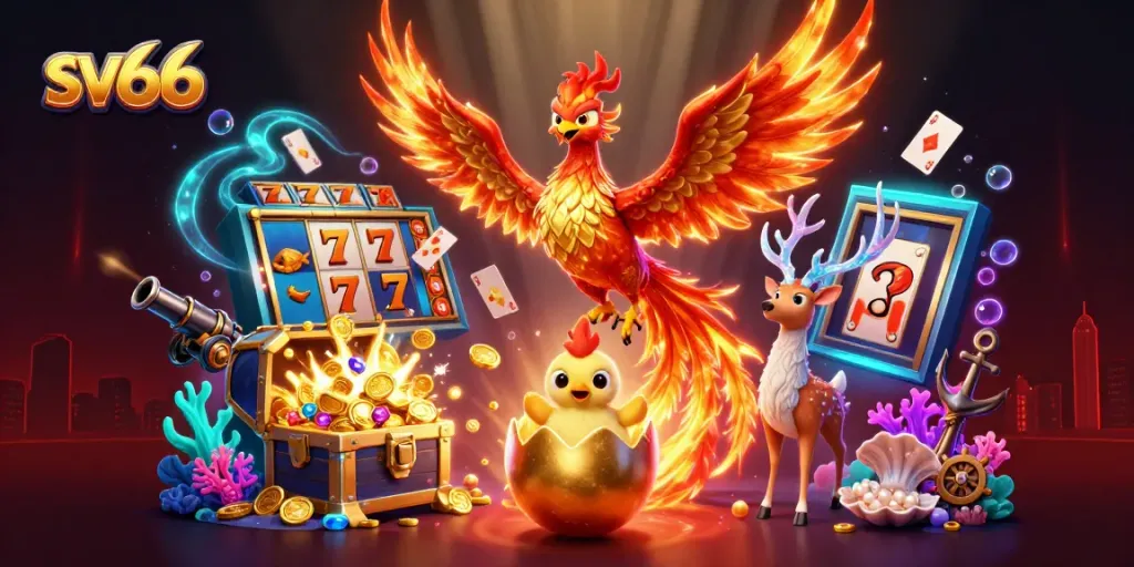 Win big at sv66 with a vibrant casino scene featuring slot reels and a majestic fire phoenix.