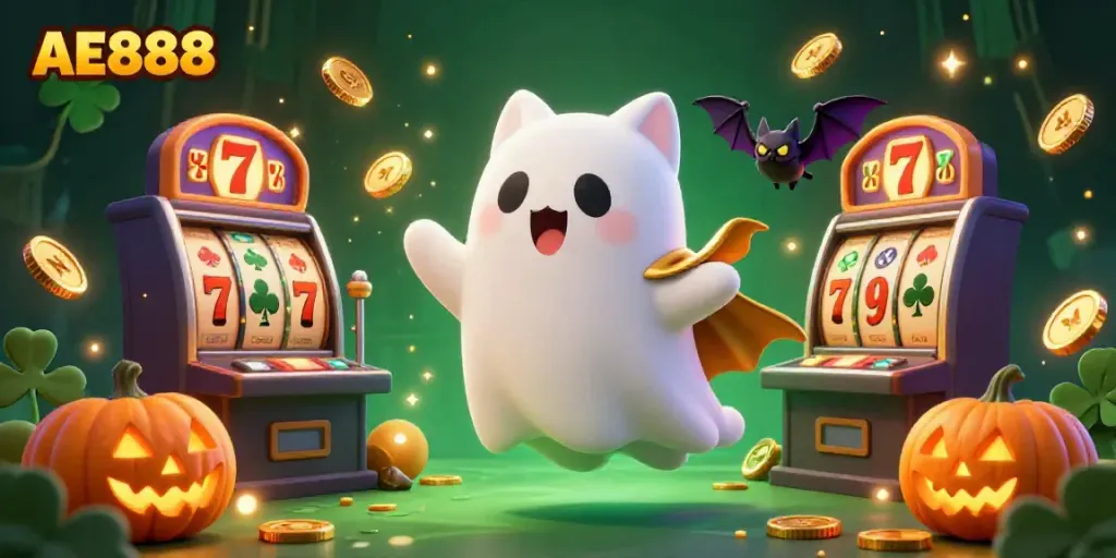 Experience the magical thrills of AE888 with a ghost cat and dynamic casino elements in this illustrated scene.