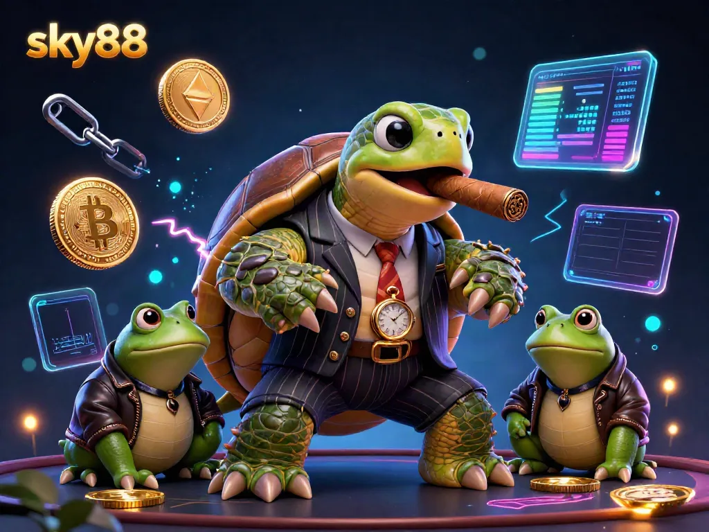 Engage in thrilling casino action with sky88's dynamic gameplay featuring cartoon characters and cryptocurrencies.