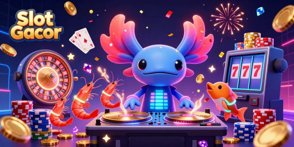 Experience the dazzling Slot Gacor scene with vibrant characters, golden coins, and joyous energy in a casino-themed illustration.