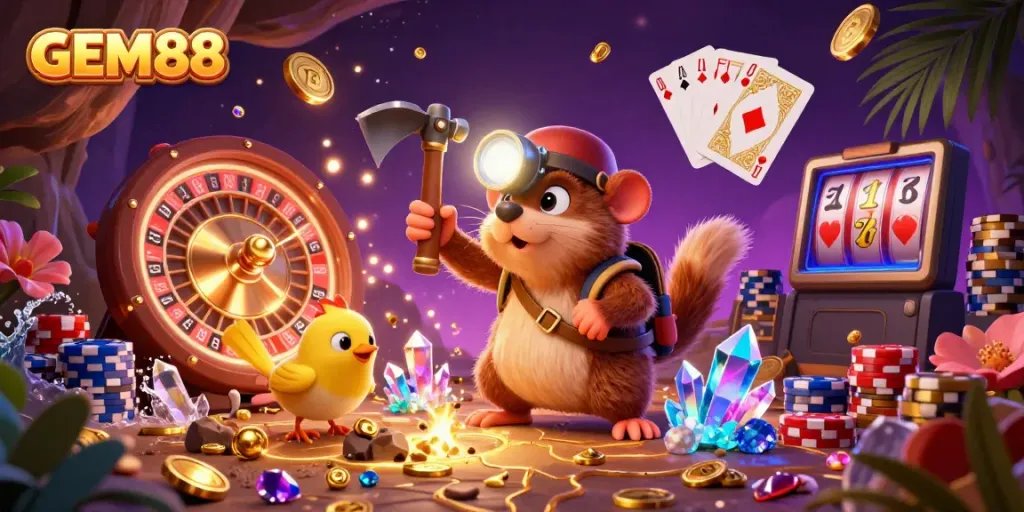 Experience excitement and winnings at GEM88 with 3D characters amidst a vibrant casino scene.