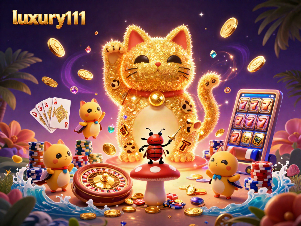 Experience the excitement of luxury111 with a lucky cat and casino symbols in a vibrant 3D scene.