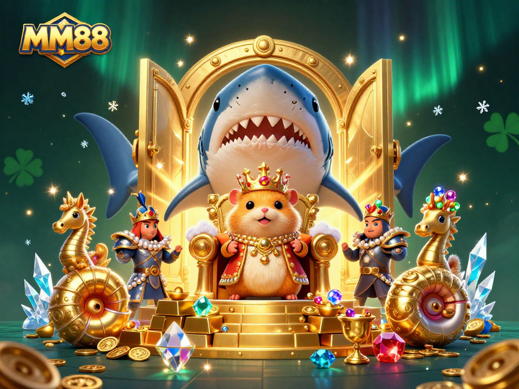Bet on MM88 as the golden hamster king rules over an extravagant treasure-filled casino scene.