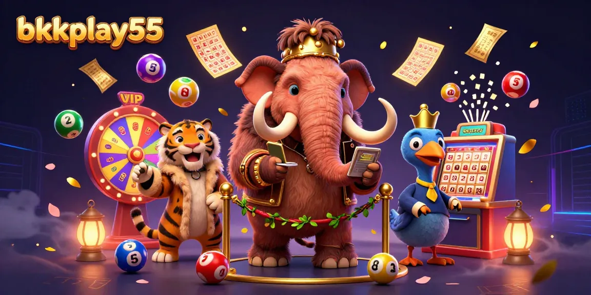 Engage with bkkplay55 as a woolly mammoth checks IDs at a vibrant casino entrance filled with excitement.