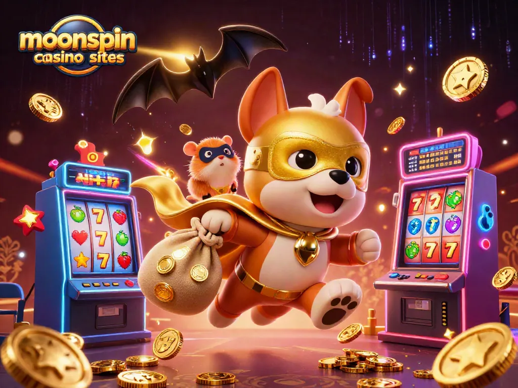 Engage with moonspin casino sister sites using this vibrant 3D illustration of a superhero dog and hamster in a casino adventure.