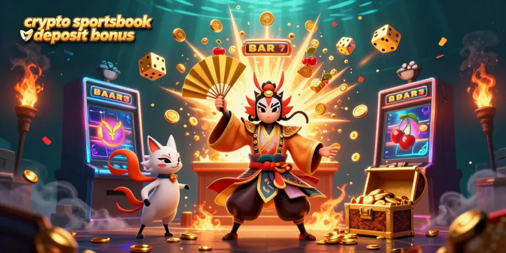 Experience the thrilling crypto sportsbook deposit bonus with vibrant casino illustrations from Stakeobet.