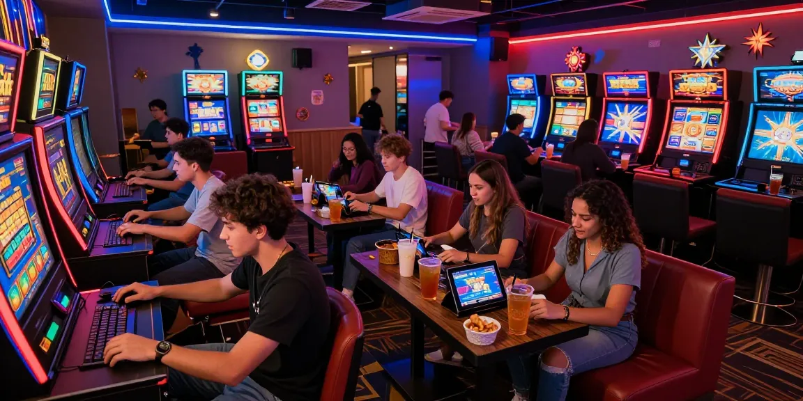 Engaging bandar slot gaming scene with friends enjoying vibrant machines and social atmosphere