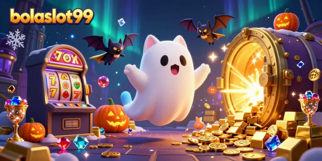 Experience the thrilling atmosphere of bolaslot99 with our ghost cat and bat in a haunted casino setting.