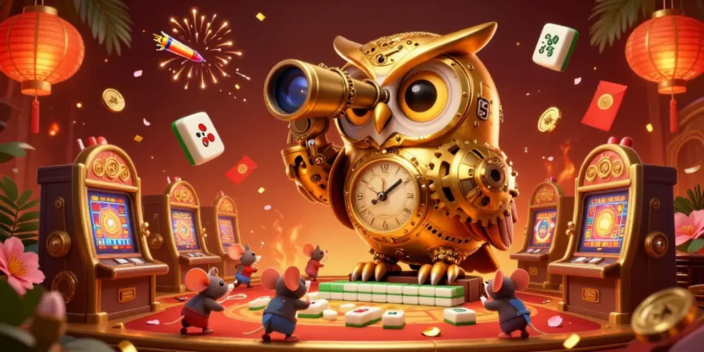 Engage in thrilling gaming action at E39, where the clockwork golden owl presides over a lively casino atmosphere.