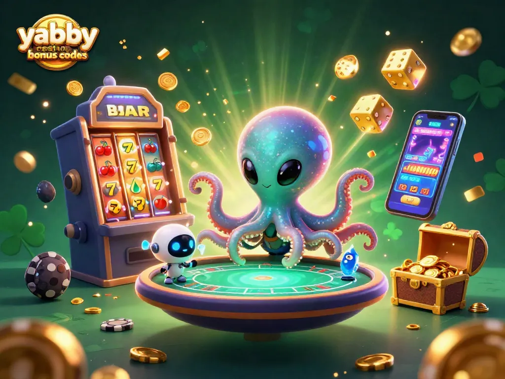Engage with exciting yabby casino bonus codes while a vibrant alien octopus plays holographic poker.