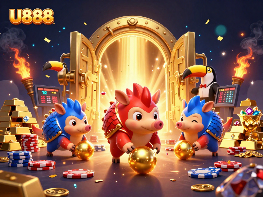 U888 pangolins bowling through poker chips in a vibrant casino scene, showcasing excitement and winning.