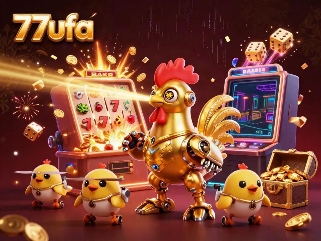 Engage with 77ufa's vibrant casino scene featuring a golden rooster robot, jackpot slot machine, and colorful game elements.