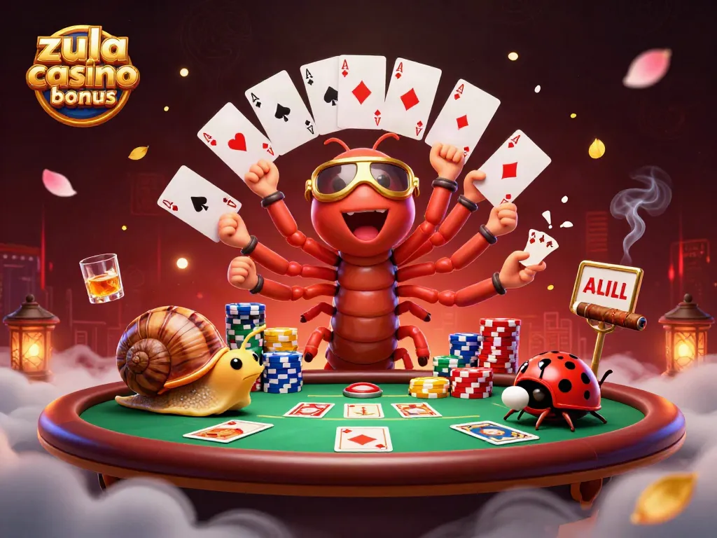 Engage with Zula Casino Bonus Codes in a vibrant, fun-filled casino scene with charming characters.