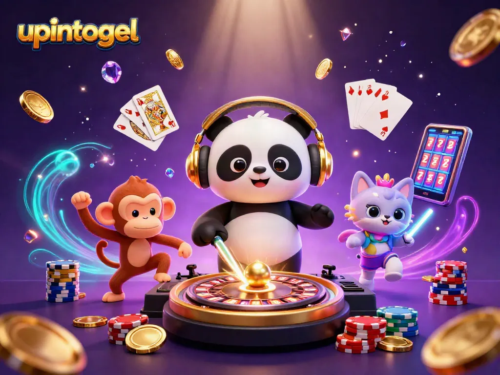 Memperkenalkan upintogel dengan DJ panda 3D, kucing glow-stick, dan monyet breakdance merayakan kemenangan.