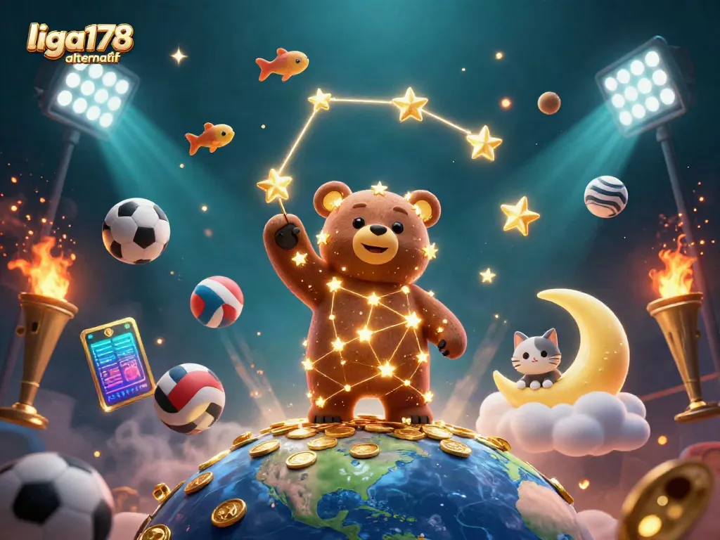 Ilustrasi 3D liga178 alternatif dengan beruang bintang menyusun koin dalam adegan kasino yang dinamis.