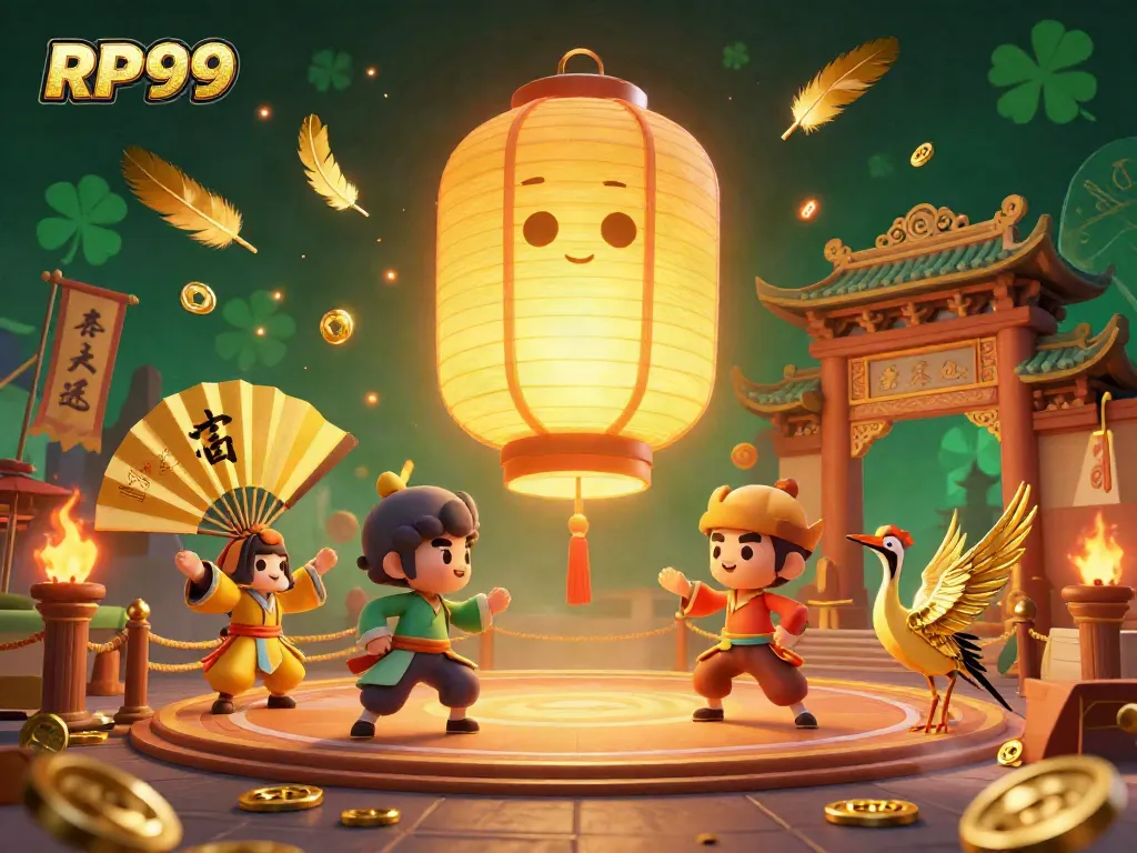 Experience the vibrant RP99 casino action with a golden lantern spirit and dynamic characters amidst a night market setting.