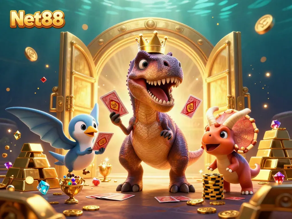 Net88 presents a lively 3D illustration with characters engaged in casino games, illustrated in a vibrant underwater setting.