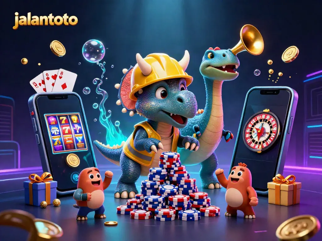 Akses permainan slot cepat dan mudah di jalantoto dengan karakter kartun merayakan kemenangan.