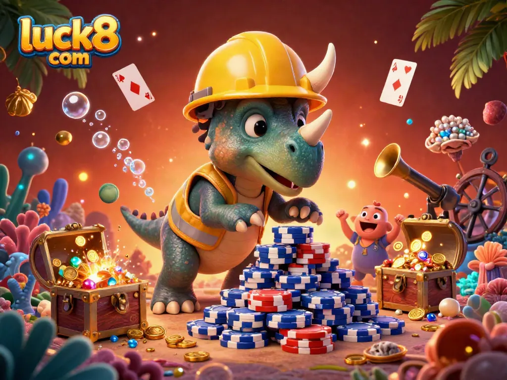 Cheerful gambling action in an ultra-detailed 3D scene with luck8 com featured prominently.