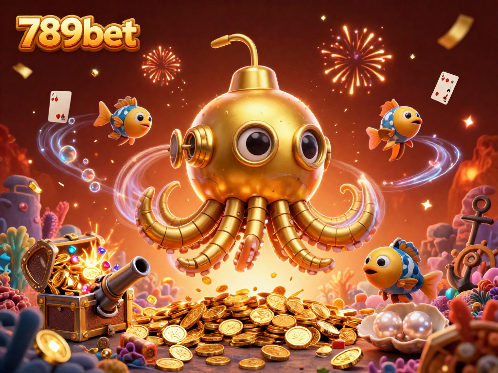 Experience the thrill of 789bet with a golden kraken submarine surrounded by treasures and casino elements.