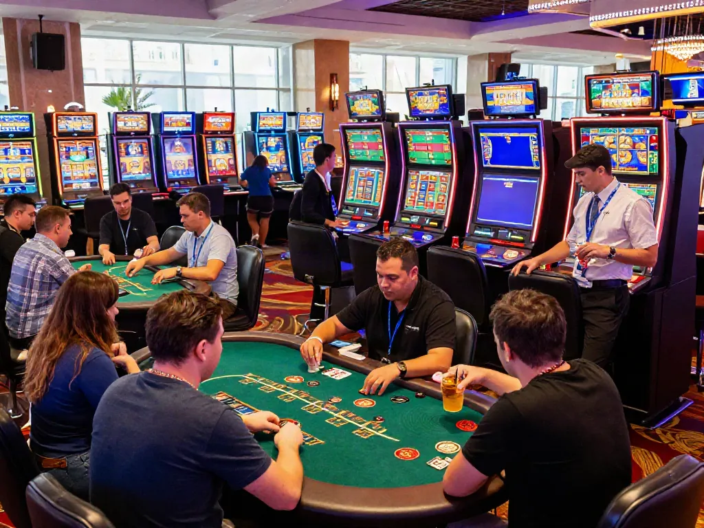 Casino news scene with diverse players enjoying games in a vibrant casino.