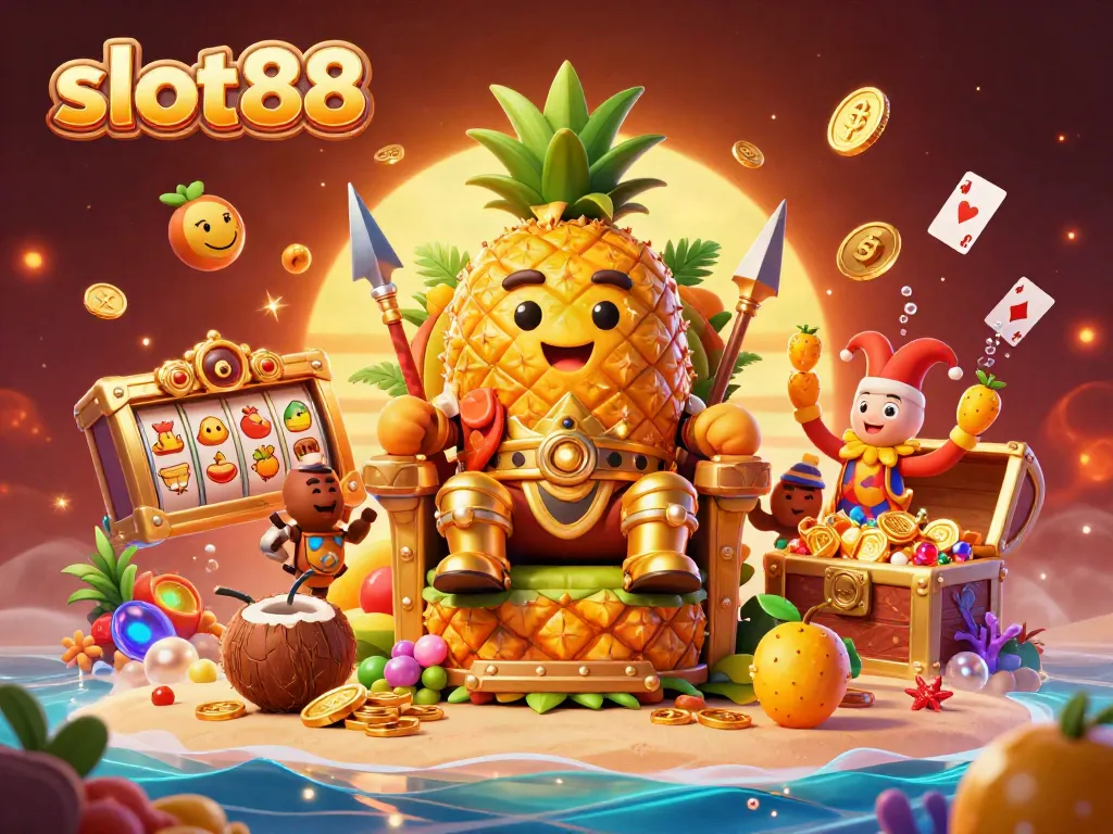 Engage with slot88 at a vibrant beach casino showcasing an enchanting 3D pineapple king and treasure-filled surroundings.