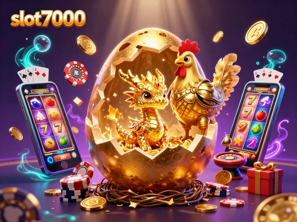 Reveal the excitement of slot7000 with a golden dragon guarding treasures and vibrant casino elements.