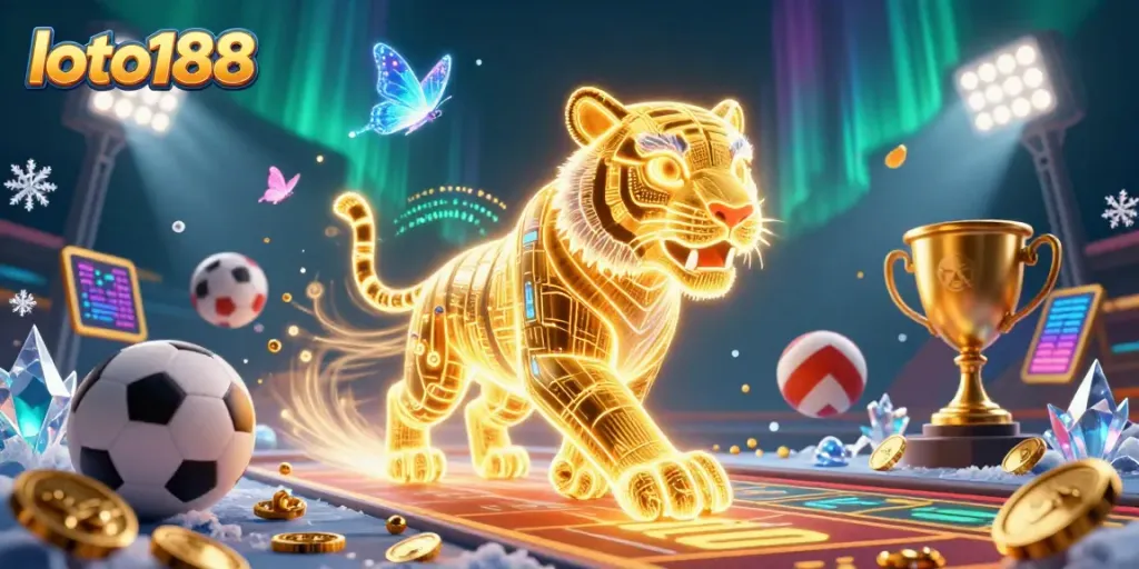 Engage with loto188's dynamic online casino experience, featuring a 3D neon tiger amidst sports and gaming elements.