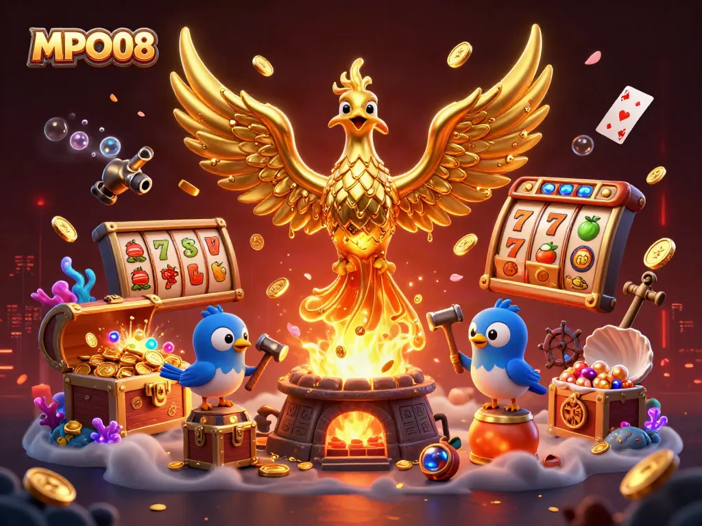 MPO08 delivers a thrilling jackpot experience with golden coins and vibrant slot symbols surrounding a majestic phoenix.