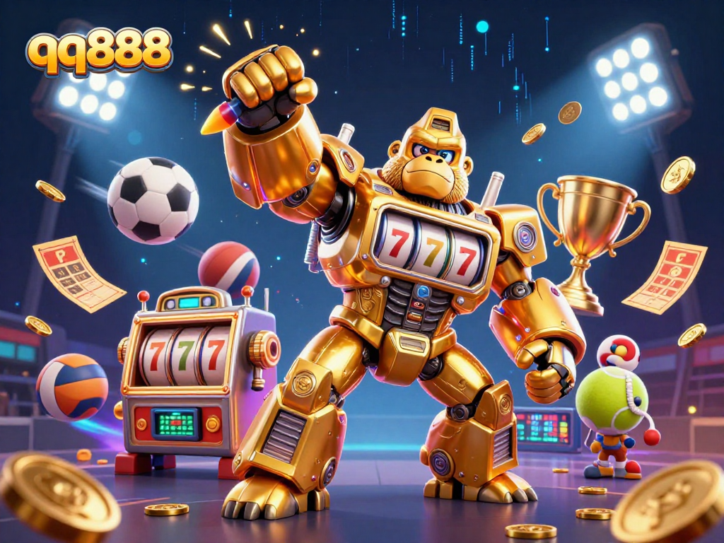 Experience thrilling gaming action at qq888 with a golden gorilla mech and dynamic sports elements.