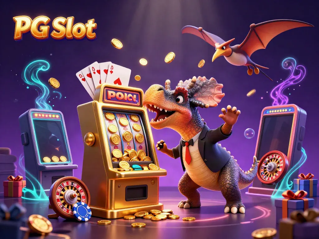 Memenangkan jackpot di PG Slot dengan pachycephalosaurus yang menabrak mesin slot, mengelilingi koin emas dan permainan menggiurkan.