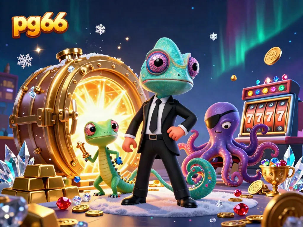 Experience the excitement at pg66 with colorful characters and casino treasures in a vibrant 3D illustration.
