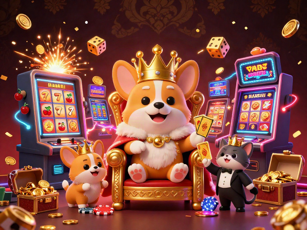 Enjoy thrilling casino action with the lively VUA88 royal corgi surrounded by winning symbols and dynamic game elements.