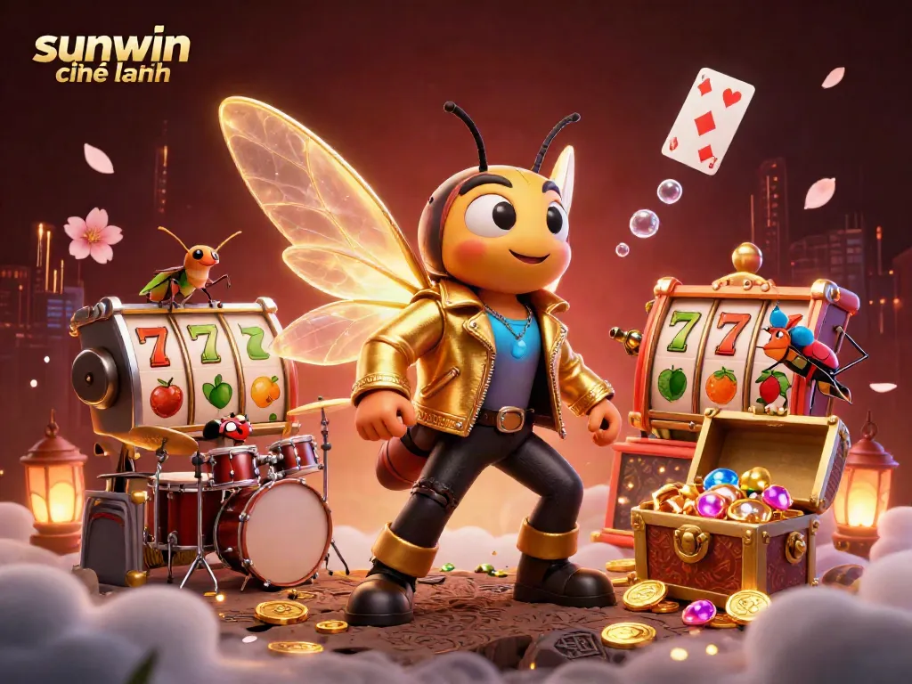 Experience the vibrant world of sunwin chính hãng with a 3D illustration showcasing a cicada rock star, slot reels, and treasure.