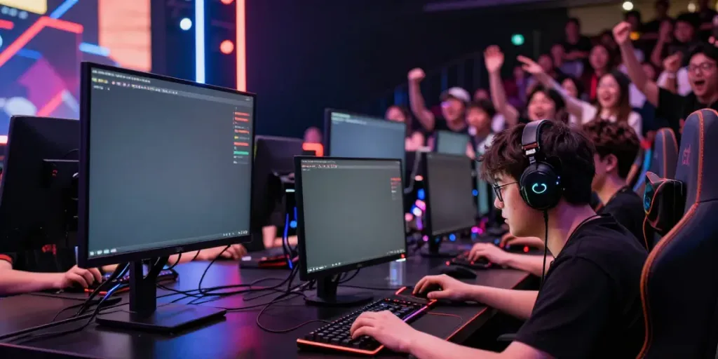 Juraganbola esports competitors engaged in a high-energy gaming tournament.