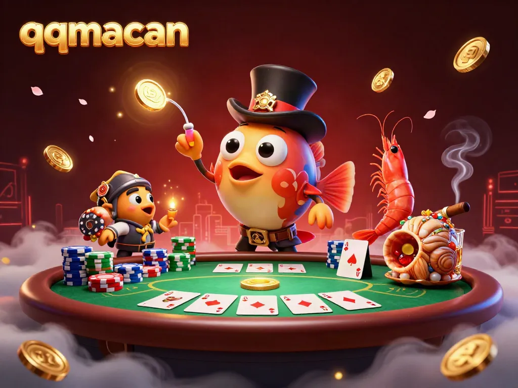 Engage with qqmacan in a vibrant scene featuring an anglerfish, pirate shrimp, and treasure snail surrounded by poker elements.