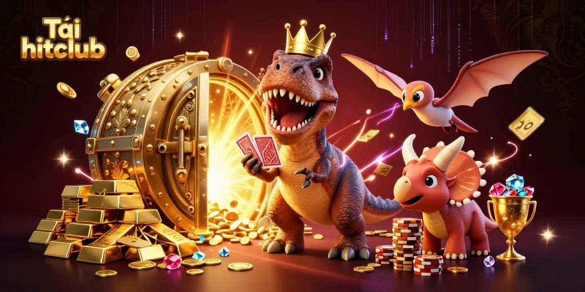Tải hitclub and win with a playful dinosaur casino scene featuring colorful characters and gold treasures.