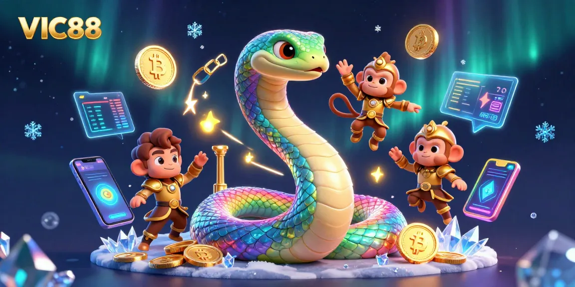 Engage with VIC88 through dynamic gaming elements featuring a rainbow serpent and golden monkey king in a colorful casino scene.